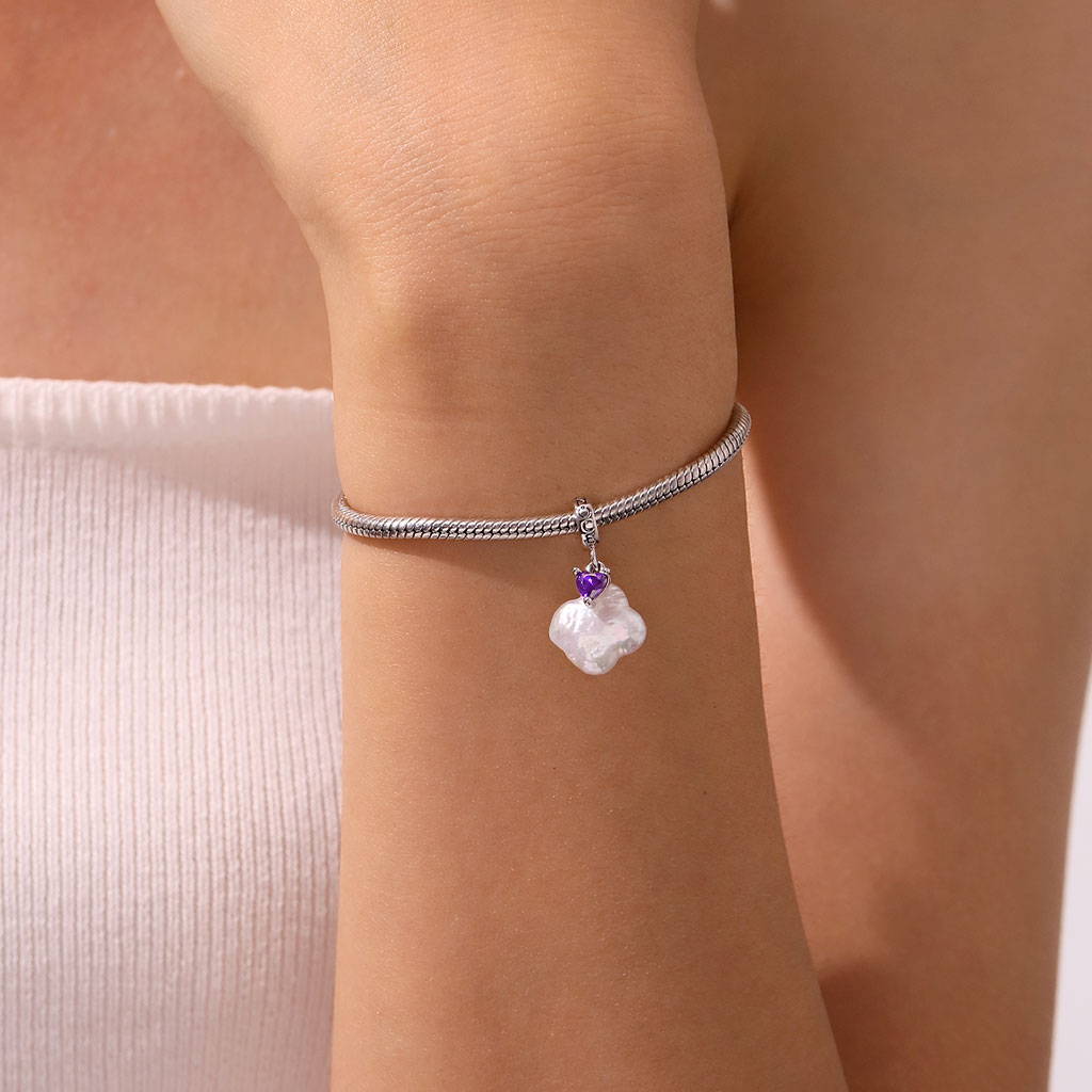 Gnoce Natural Four-leaf Clover Pearl Birthstone Heart Pendant Dangle Charm_5