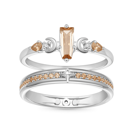 Gnoce Trapezoidal-cut Citrine with Channeled Pave Couple Rings_1