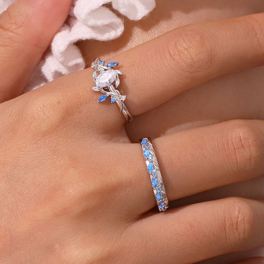 Gnoce Oval-cut Diamond Vine Leaf Couple Rings_5