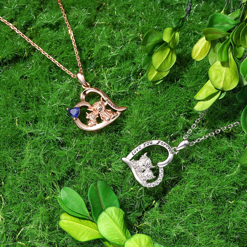 Gnoce "I love you forever" Highland Cow Heart Birthstone Necklace_5