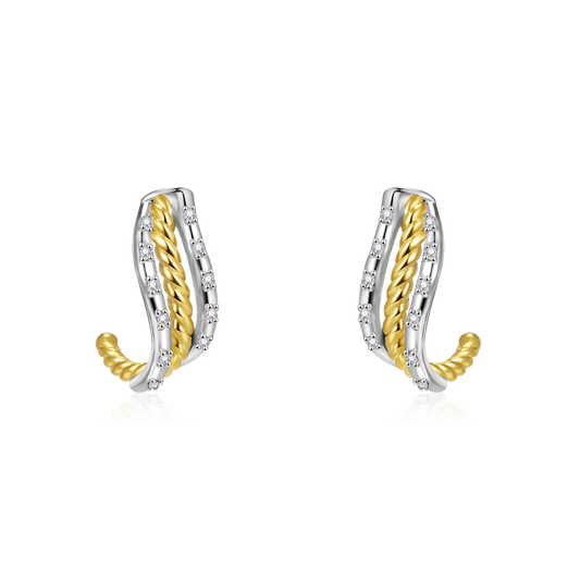 Gnoce Twisted Shape Two Tone Paved C-hoop Stud Earrings_1