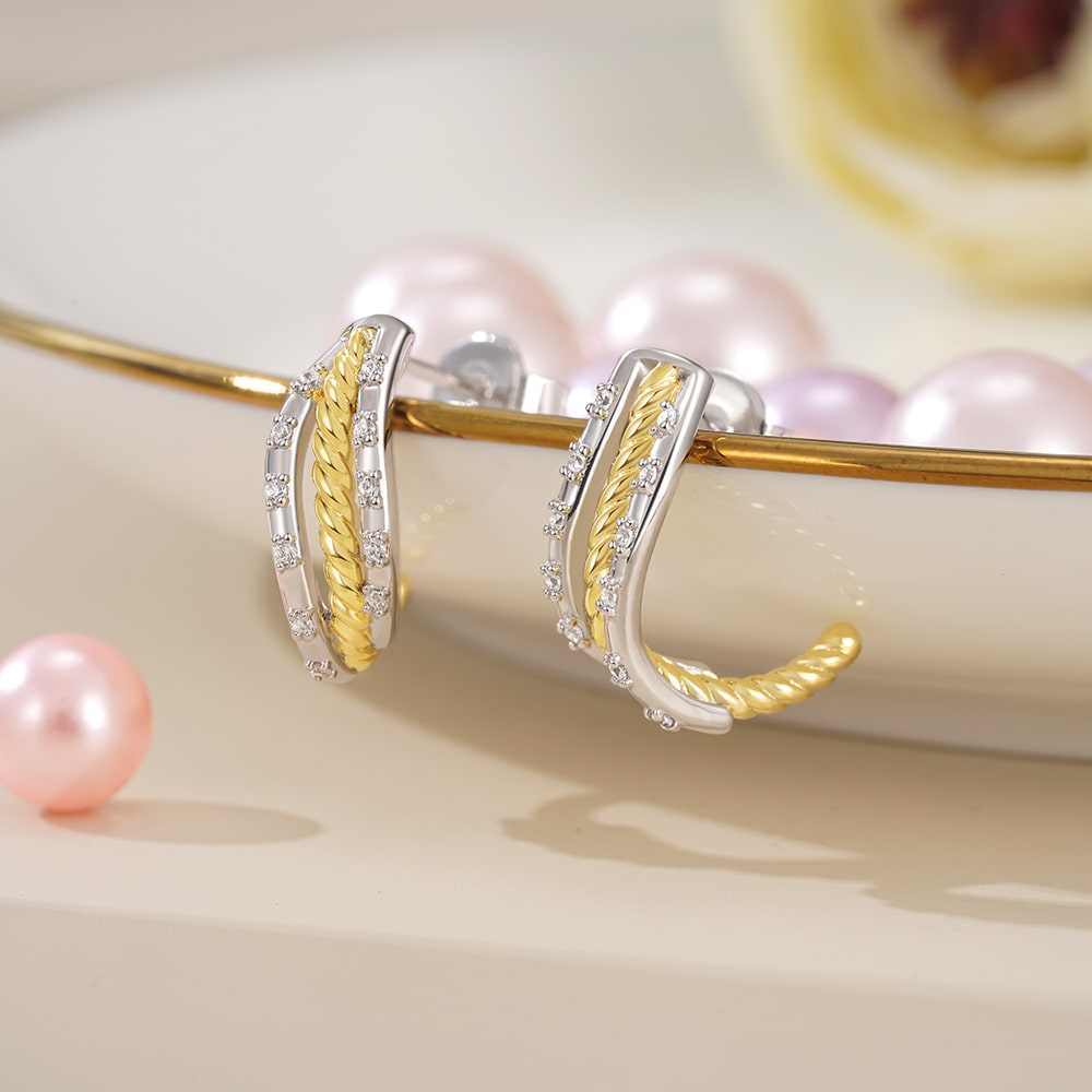 Gnoce Twisted Shape Two Tone Paved C-hoop Stud Earrings_3