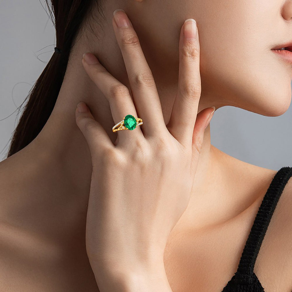 Gnoce Emerald Oval-cut Vintage Split Shank Engagement Birthstone Ring_6