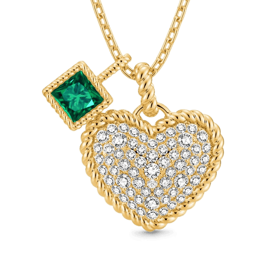Gnoce Paved Heart & Emerald Princess Gemstone Twisted Rope Pendants Necklace_1
