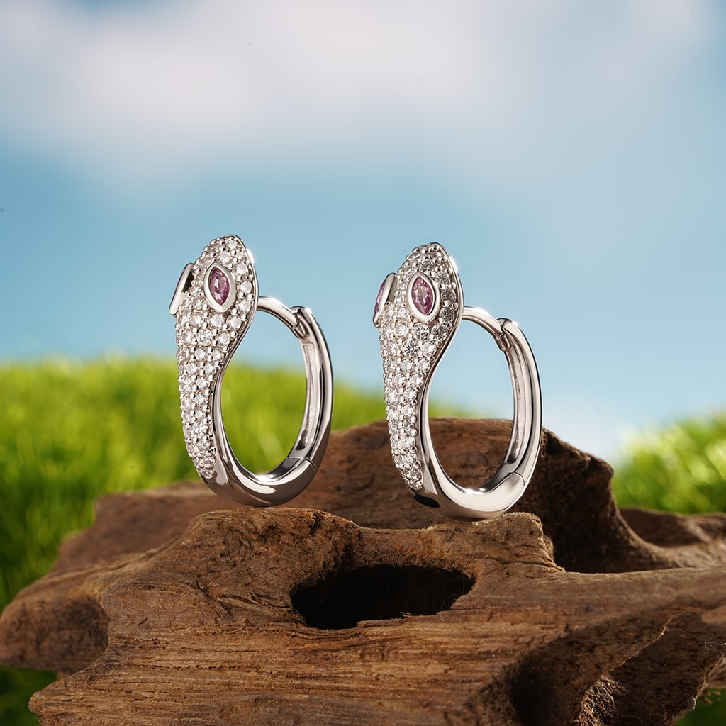 Gnoce White Diamond Snake Huggie Hoop Earrings_3