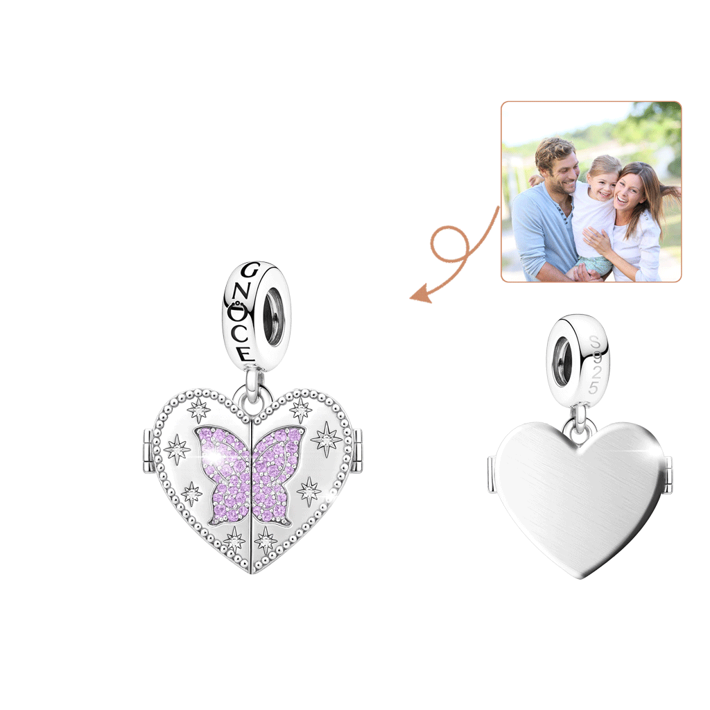 Gnoce Custom Heart-shaped Butterfly Photo and Birthstone Pendant Dangle Charm_1