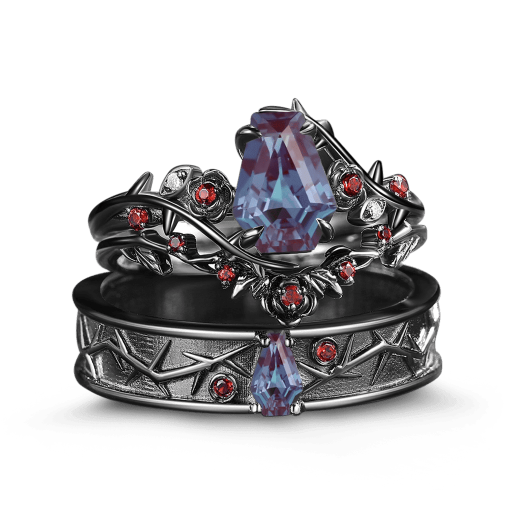 Gnoce Gothic Style Coffin Thorns & Roses Moissanite Ring Set_1