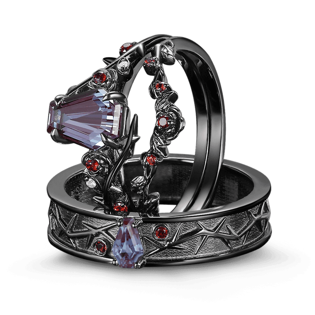 Gnoce Gothic Style Coffin Thorns & Roses Moissanite Ring Set_4