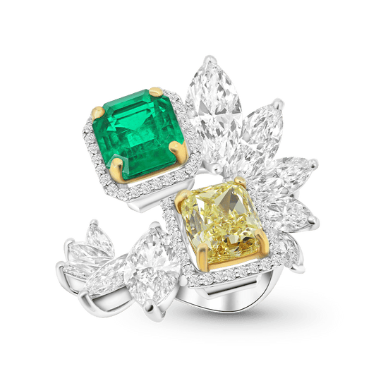 Gnoce Leaf Cluster  Emerald & Yellow Moissanite Ring_1