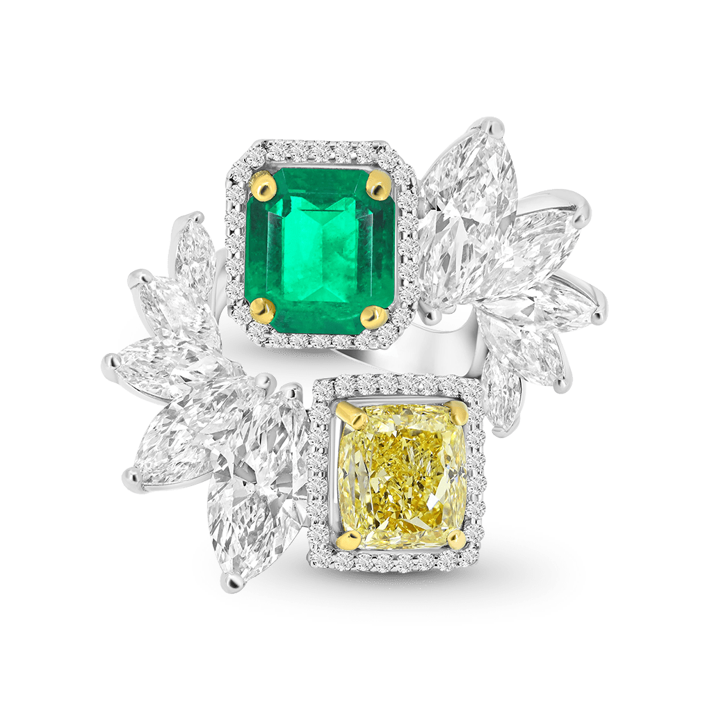 Gnoce Leaf Cluster  Emerald & Yellow Moissanite Ring_4