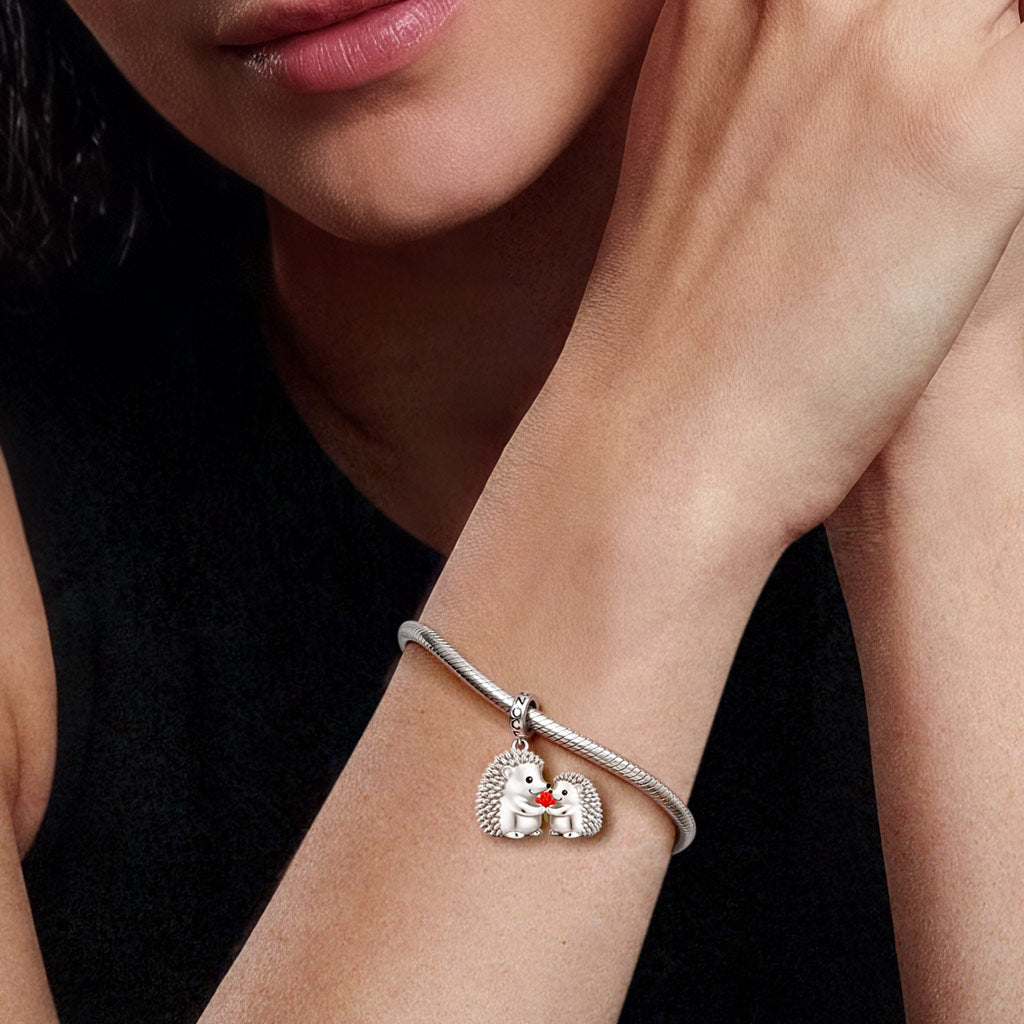 Gnoce Hedgehog Mother & Child Holding Carnation Pendant Dangle Charm_2