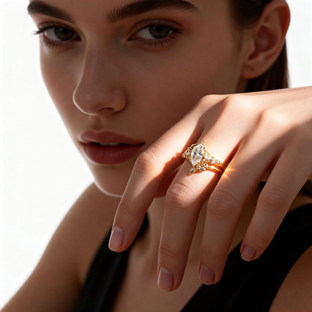 Gnoce Nature-Inspired Leaf & Vine Marquise-cut Engagement Ring Set_3