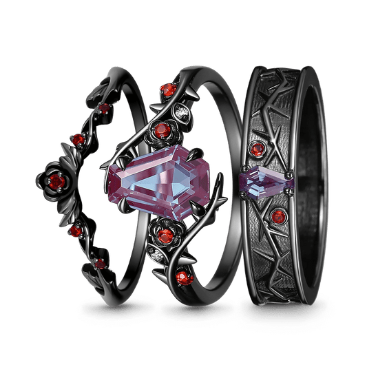 Gnoce Gothic Style Coffin Thorns & Roses Moissanite Ring Set_1