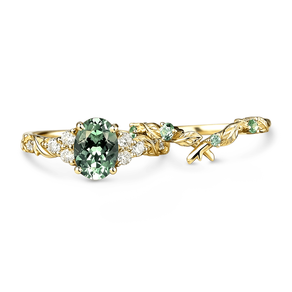 Gnoce Nature-Inspired Leaf Oval-Cut Engagement Ring Set_4