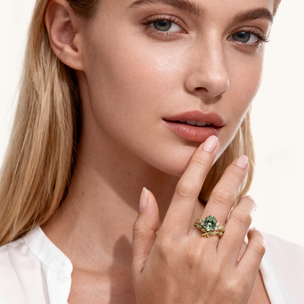 Gnoce Nature-Inspired Leaf Oval-Cut Engagement Ring Set_3