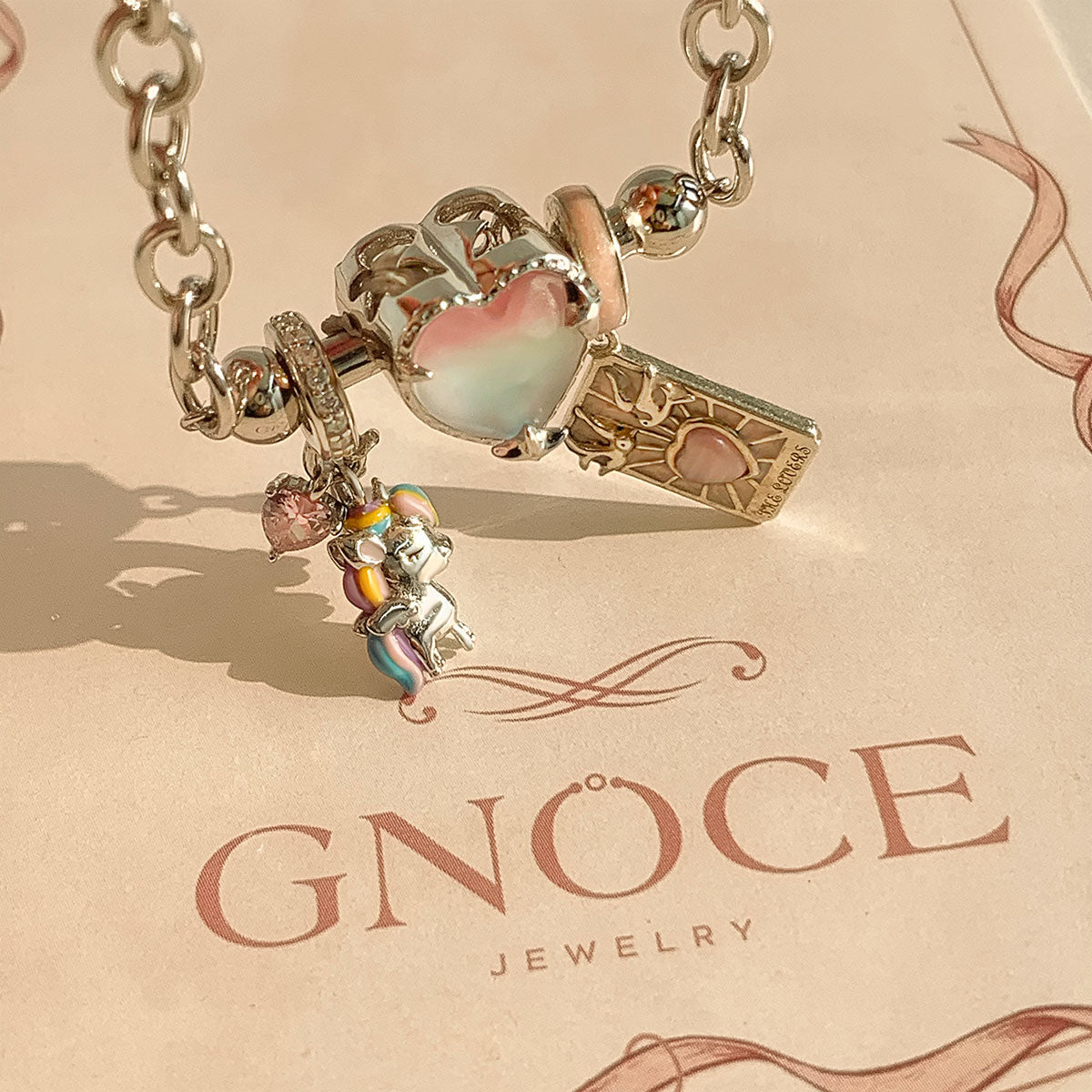 Gnoce Adjustable Handcrafted Unicorn and Heart Charm Bracelet Set_5