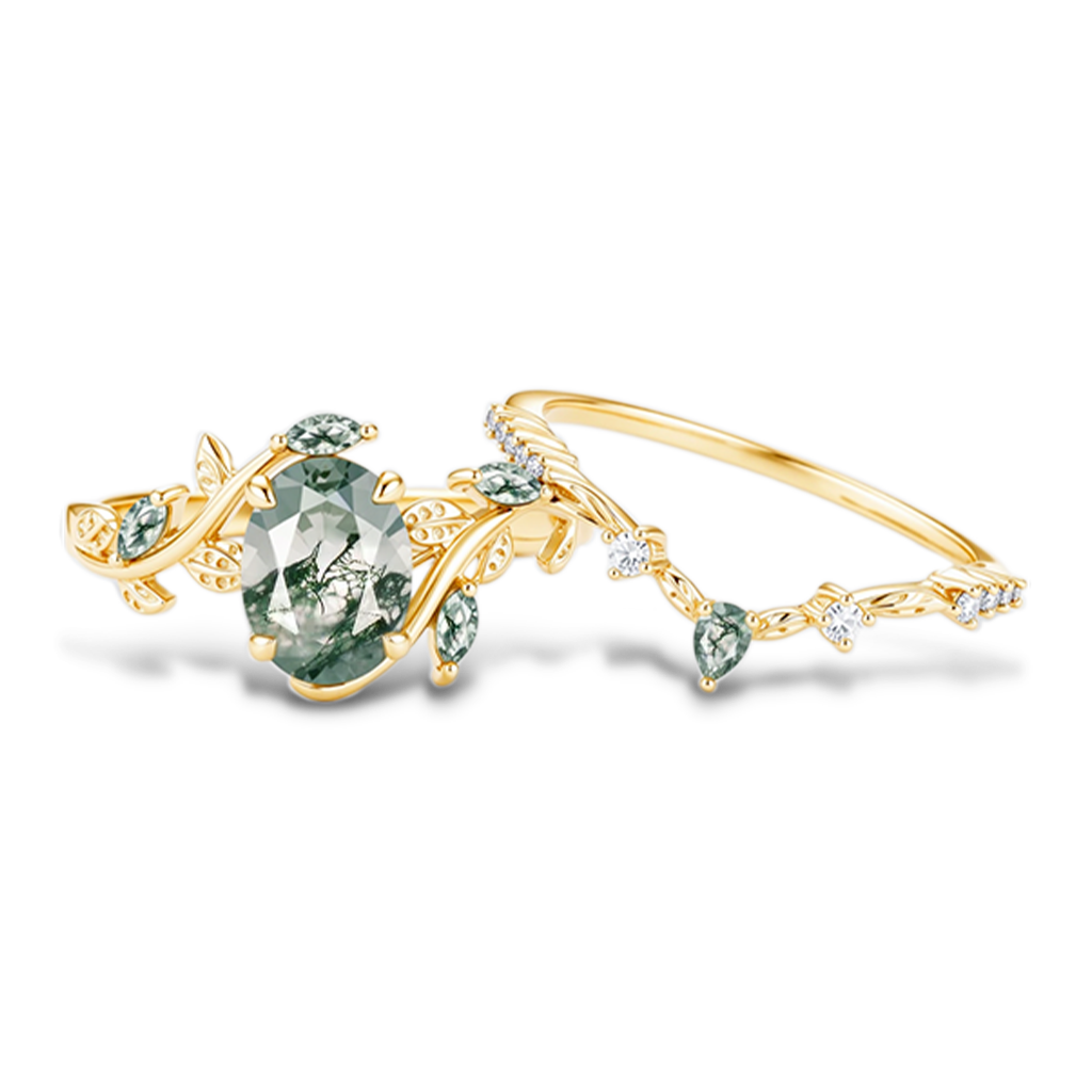 Gnoce Moss Agate Oval-cut Promise Ring Set_4