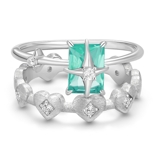 Gnoce Starburst Green Square Crystal Solitaire and Heart Ring Set_1