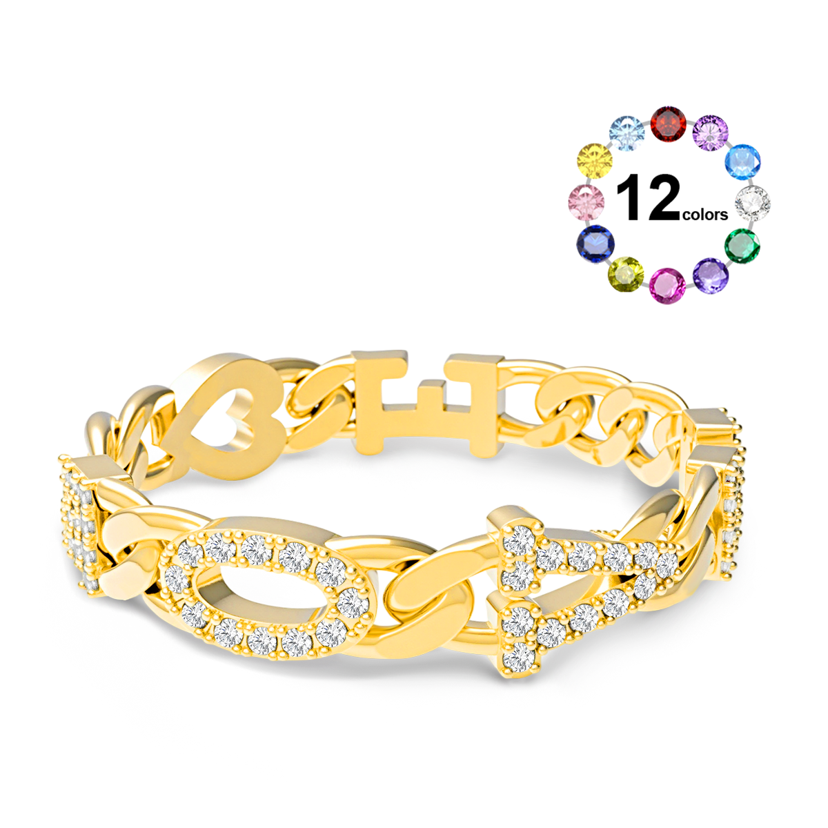 Gnoce Diamond Letter Curb Chain Ring with Custom Birthstone Friendship Jewelry_1