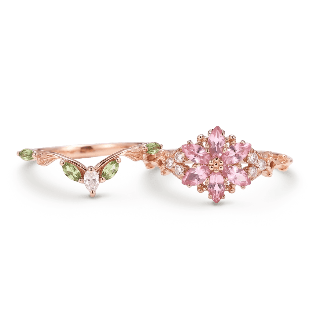 Gnoce Nature-Inspired Flower Pink Engagement Ring Set_4