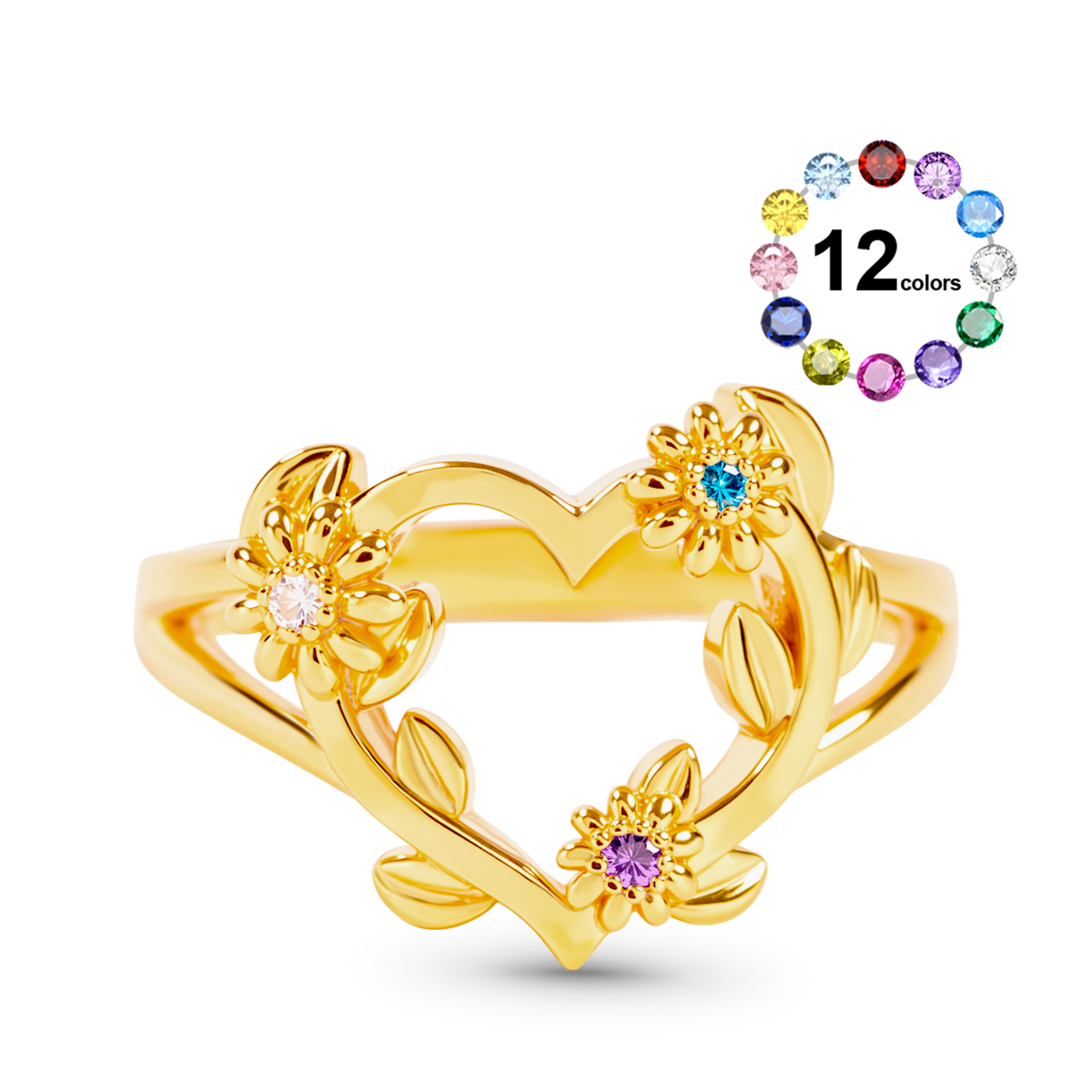 Gnoce Personalized Heart Flower Birthstone Gold Ring Custom Gift for Women_1