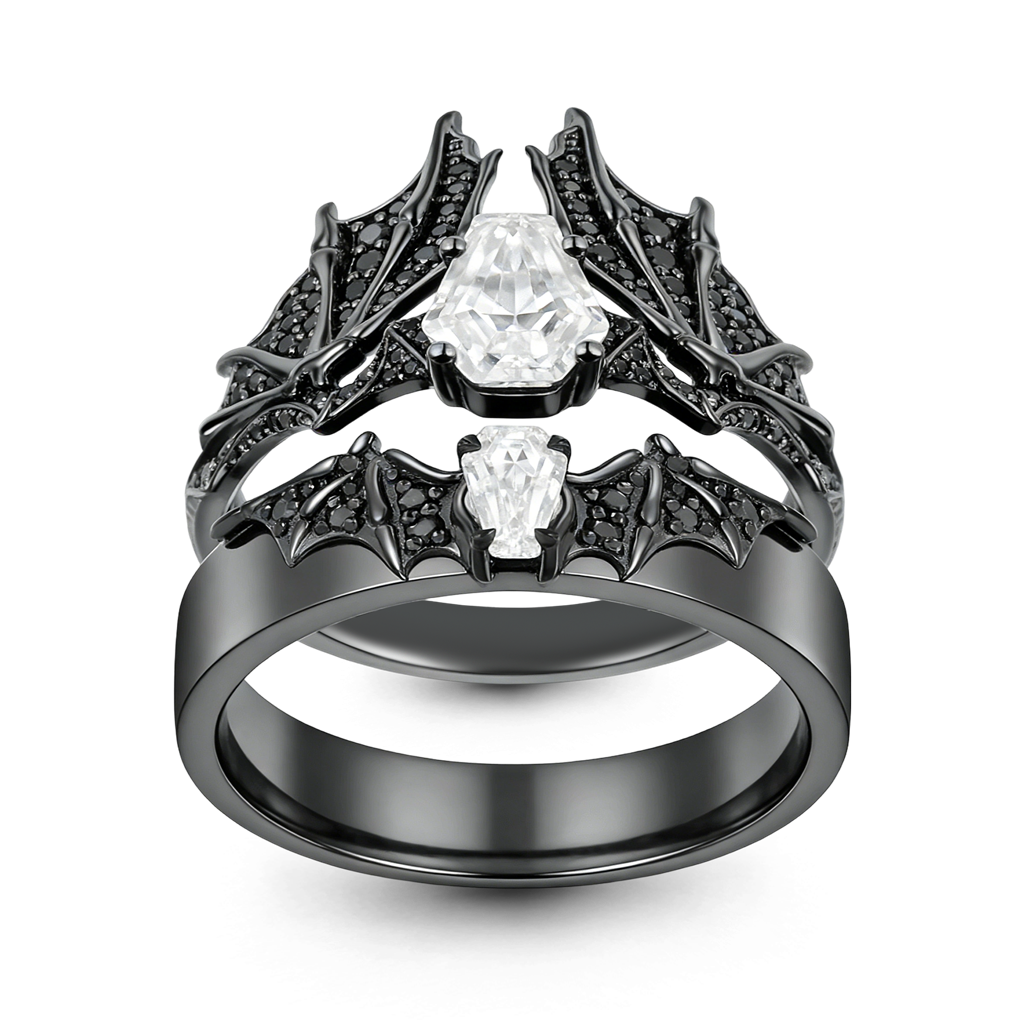 Gnoce Bat Wing Coffin Moissanite Ring Set_1