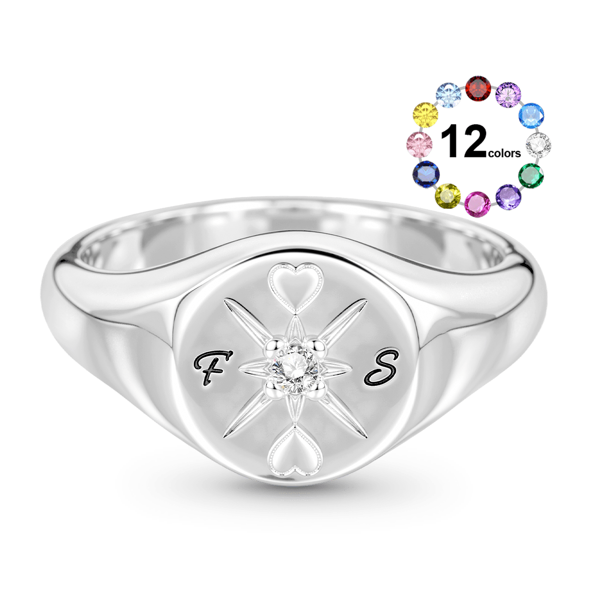 Gnoce Custom Compass Heart Birthstone Signet Ring_1