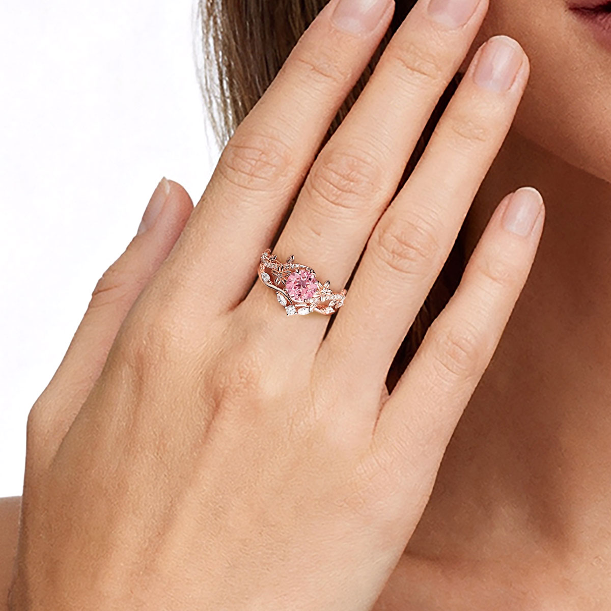 Gnoce Nature-Inspired Flower & Vine Round-Cut Engagement Ring Set_3