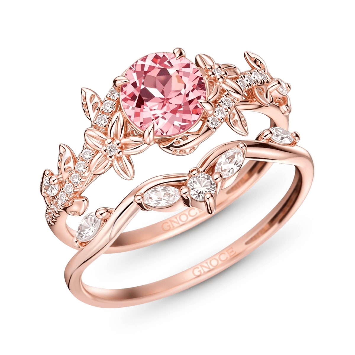 Gnoce Nature-Inspired Flower & Vine Round-Cut Engagement Ring Set_2