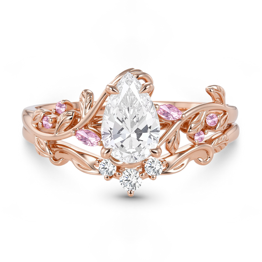 Gnoce Nature-Inspired Leaf Pear-Cut Engagement Ring Set_1