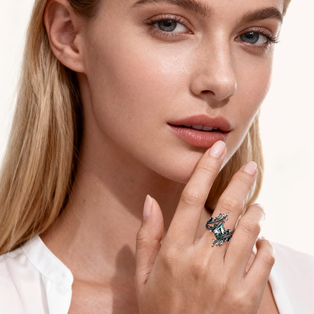 Gnoce Nature-Inspired Vine Moss Agate Kite-Cut Engagement Ring Set_3