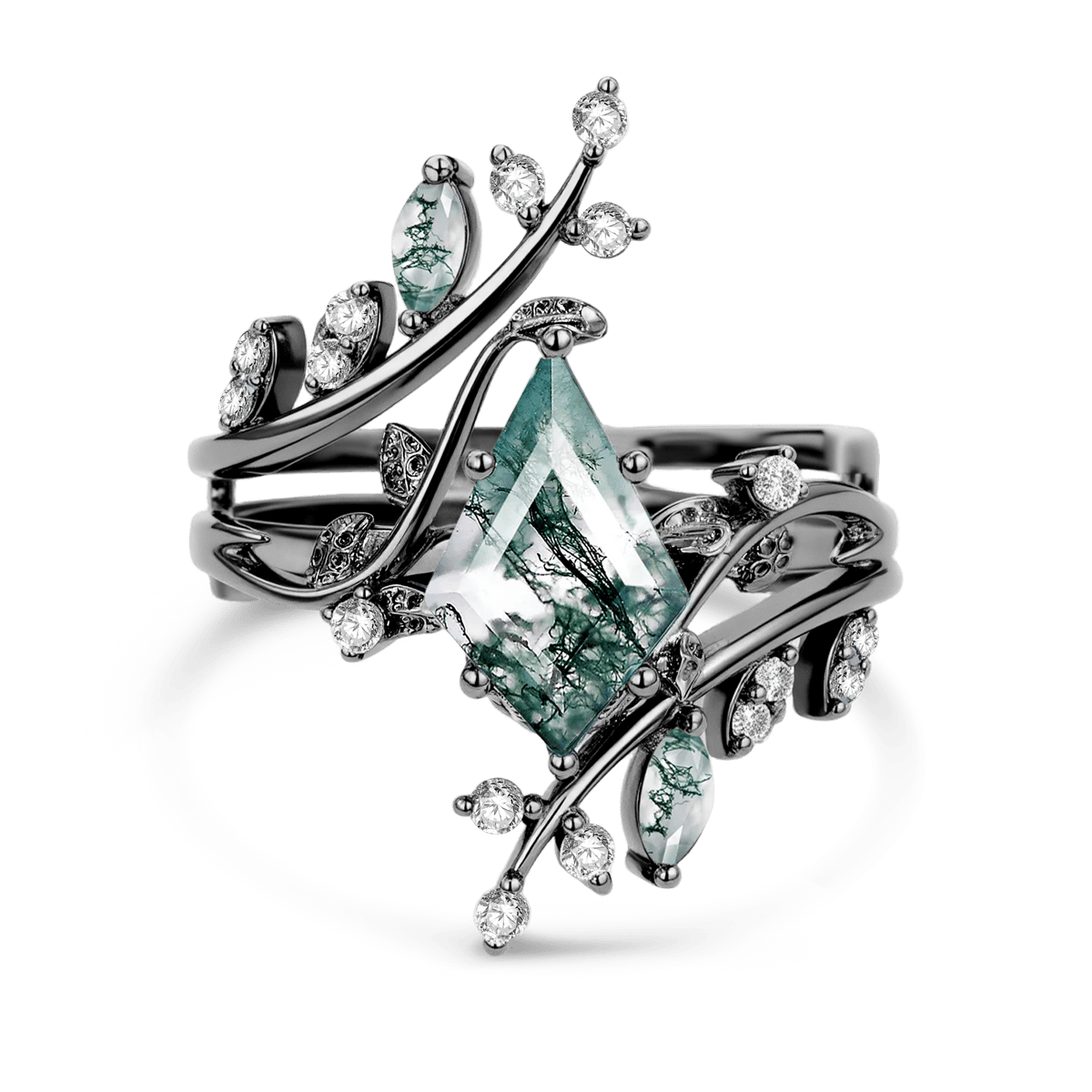 Gnoce Nature-Inspired Vine Moss Agate Kite-Cut Engagement Ring Set_1