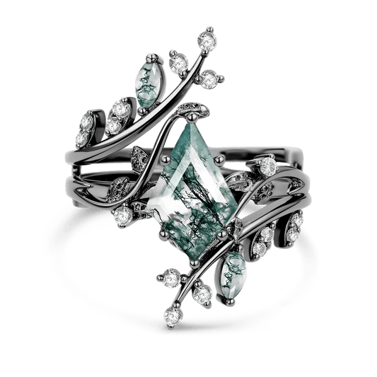 Gnoce Nature-Inspired Vine Moss Agate Kite-Cut Engagement Ring Set_1