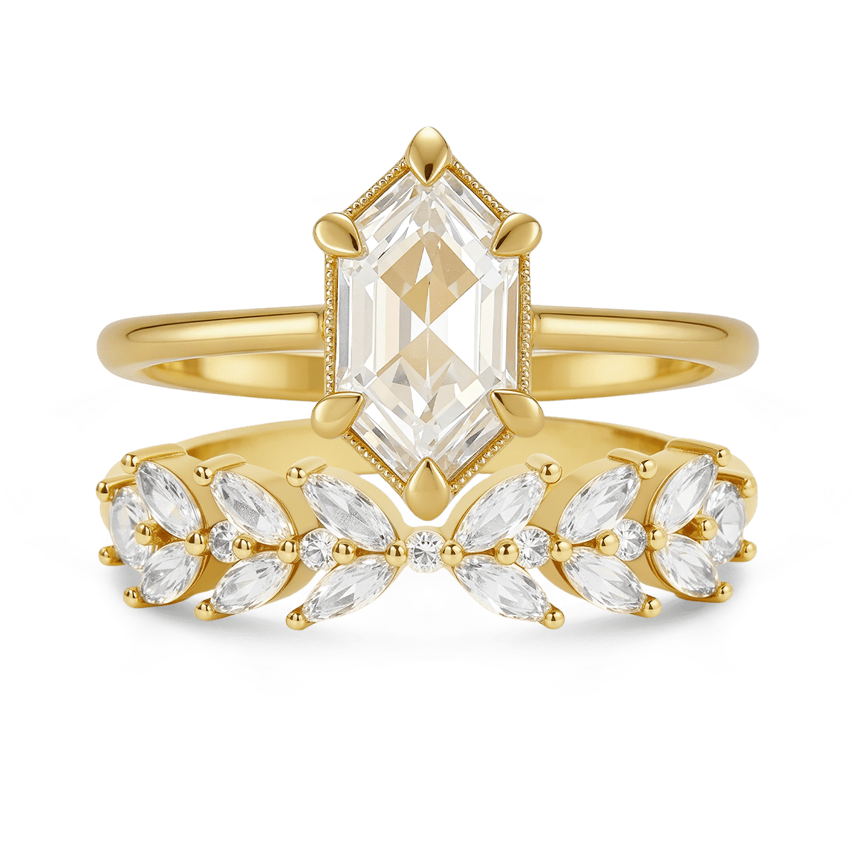 Gnoce Wheat Ears Long Hexagon-Cut Engagement Ring Set_1