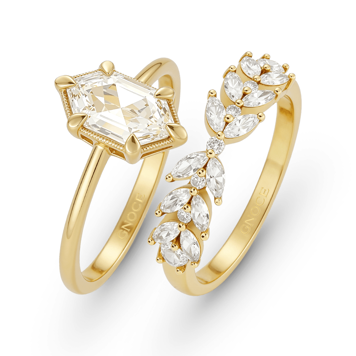 Gnoce Wheat Ears Long Hexagon-Cut Engagement Ring Set_4