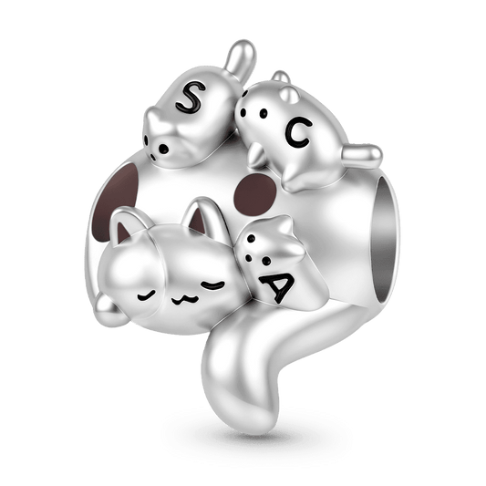 Gnoce Mother Cat & Kittens Engravable Charm Platinum-plated Silver Blend_1