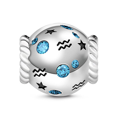 Gnoce " My Love, My Life " Classic Zodiac Sign Symbol Aquarius 925 Sterling Silver Charm Blue Sapphire Beads Special Birthday Gift For Kids Great For Bracelet_1