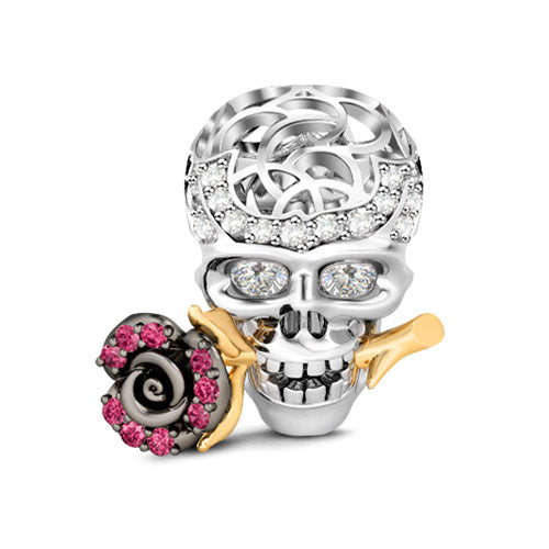 Gnoce "Skull Love Rose" 925 Sterling Silver Handcrafted Bead Charm Inlaid with White and Rose Crystals  Unique Gift for Skull Lovers_1