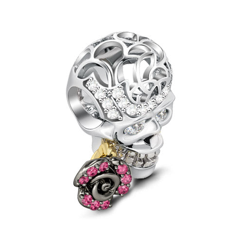 Gnoce "Skull Love Rose" 925 Sterling Silver Handcrafted Bead Charm Inlaid with White and Rose Crystals  Unique Gift for Skull Lovers_2