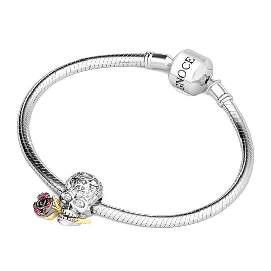 Gnoce "Skull Love Rose" 925 Sterling Silver Handcrafted Bead Charm Inlaid with White and Rose Crystals  Unique Gift for Skull Lovers_3
