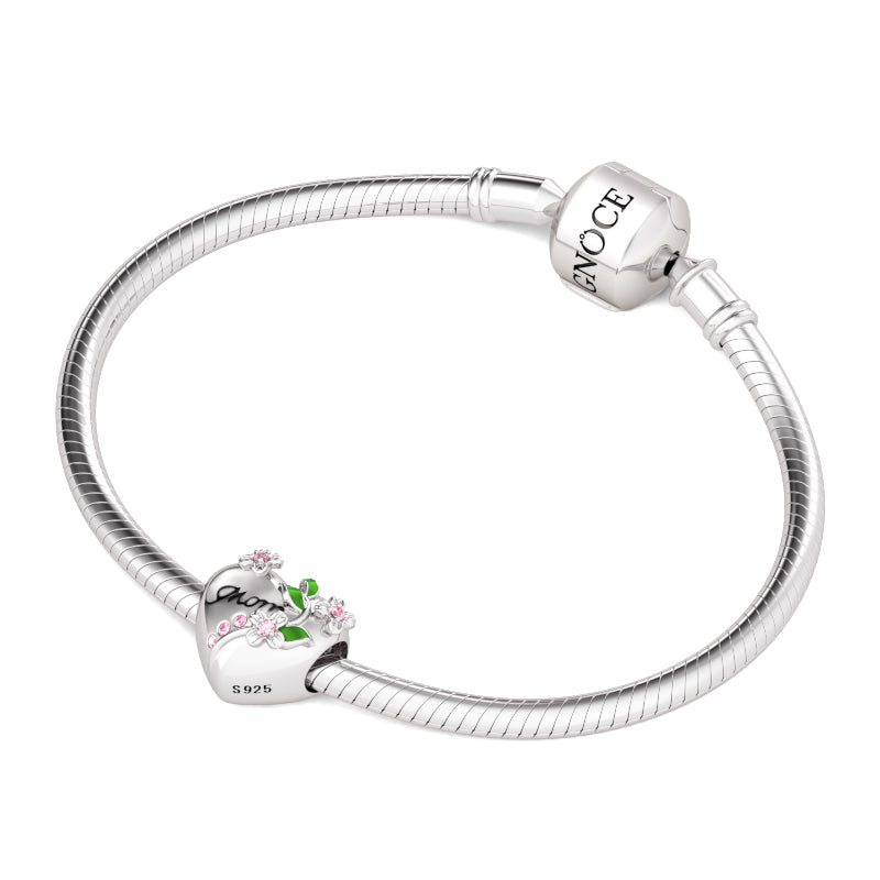 Gnoce "To my Loved Mom" Pink Flower Heart Shape Sterling Silver Bead Charm Engraved with Mom_3