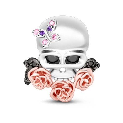 Gnoce "Everlasting Love" Silver Skull with Butterfly and Rose Gold Flowers 925 Sterling Silver Bead Charm_1