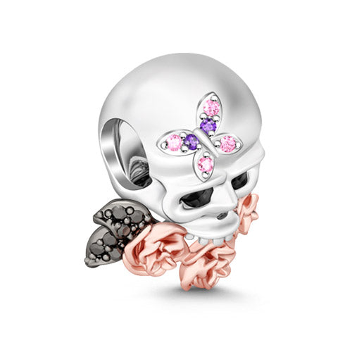 Gnoce "Everlasting Love" Silver Skull with Butterfly and Rose Gold Flowers 925 Sterling Silver Bead Charm_2