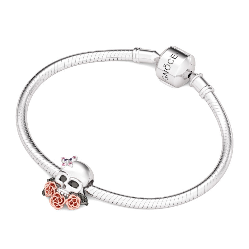 Gnoce "Everlasting Love" Silver Skull with Butterfly and Rose Gold Flowers 925 Sterling Silver Bead Charm_3