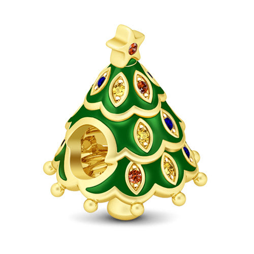 Gnoce "Happy Christmas"Yellow Gold Plated Emerald Tree with Multicolor Stones 925 Sterling Silver Bead Charm_2