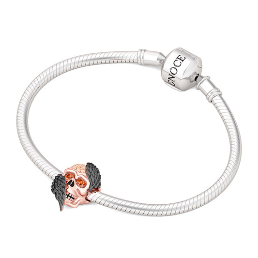 Gnoce "Skull with Angel Wings" 925 Sterling Silver with Rose Gold Plated Champagne Stones Black Wings For Wings Fit Pandora Bracelet_3
