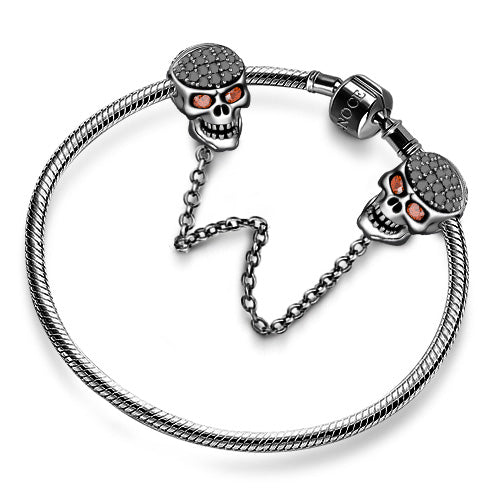 Gnoce  "Mysterious Skull" with Eye-catching Fuchsia Stones  925 Sterling Silver Skull Safety Chain Black_3