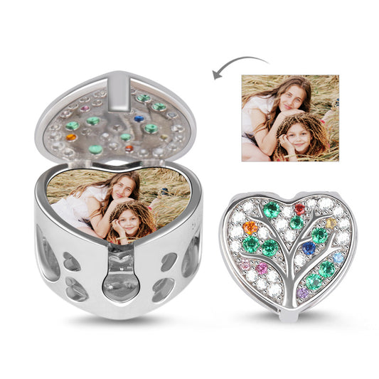Gnoce "We are Family, My Heart will Be With You" Family Tree Photo Charm Beads In Sterling Silver With CZ Stones_1