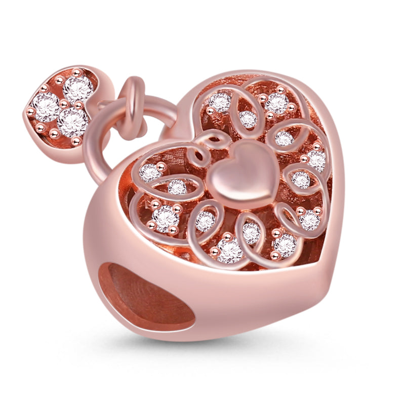 Gnoce "Lock My Heart" Hollow Heart Shaped Lock Charm with CZ Sterling Silver 18k Rose Gold Plated_2