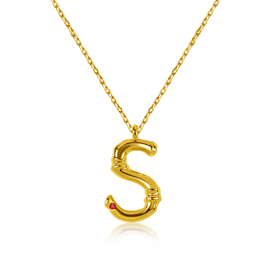Letter S Pendant Bamboo Initial Necklace Adjustable Chain Length 18k Gold Plated 925 Sterling Silver_1
